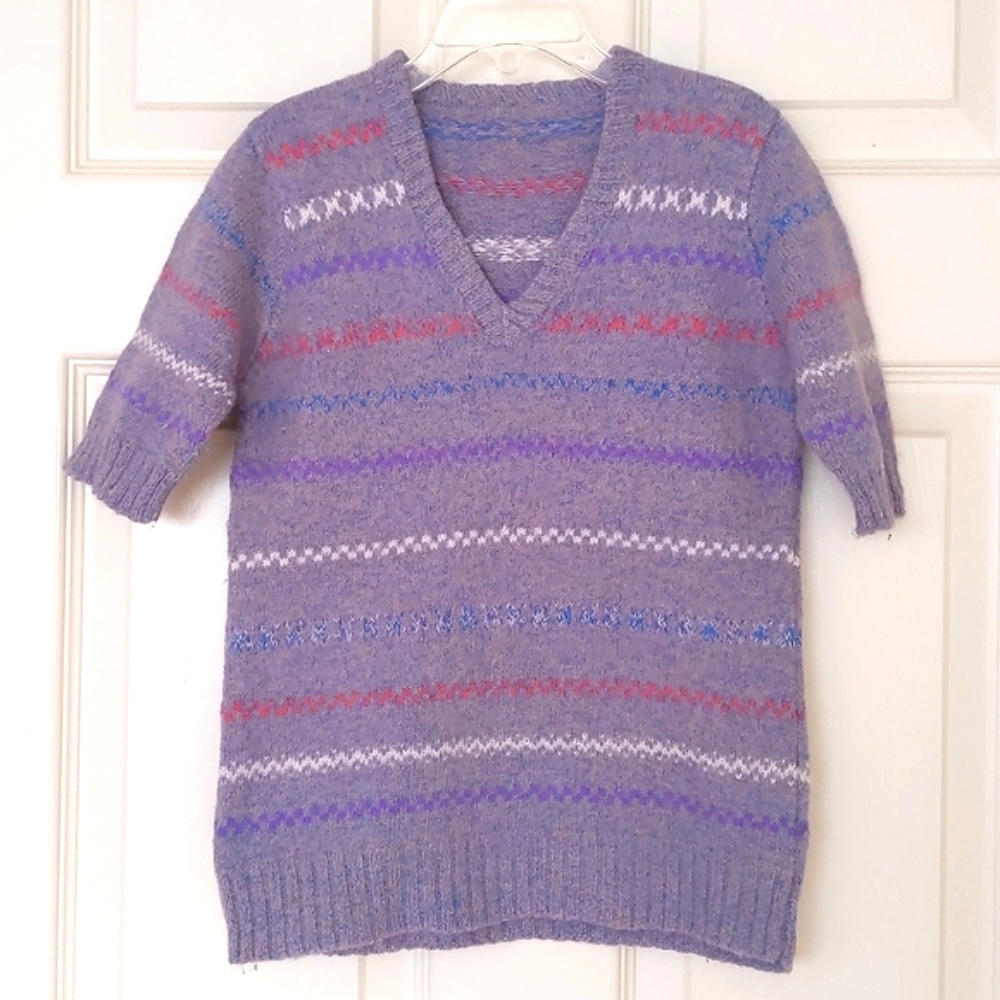 Handmade by me, wool blended short sleeve sweater w/multi color stripe patterns.